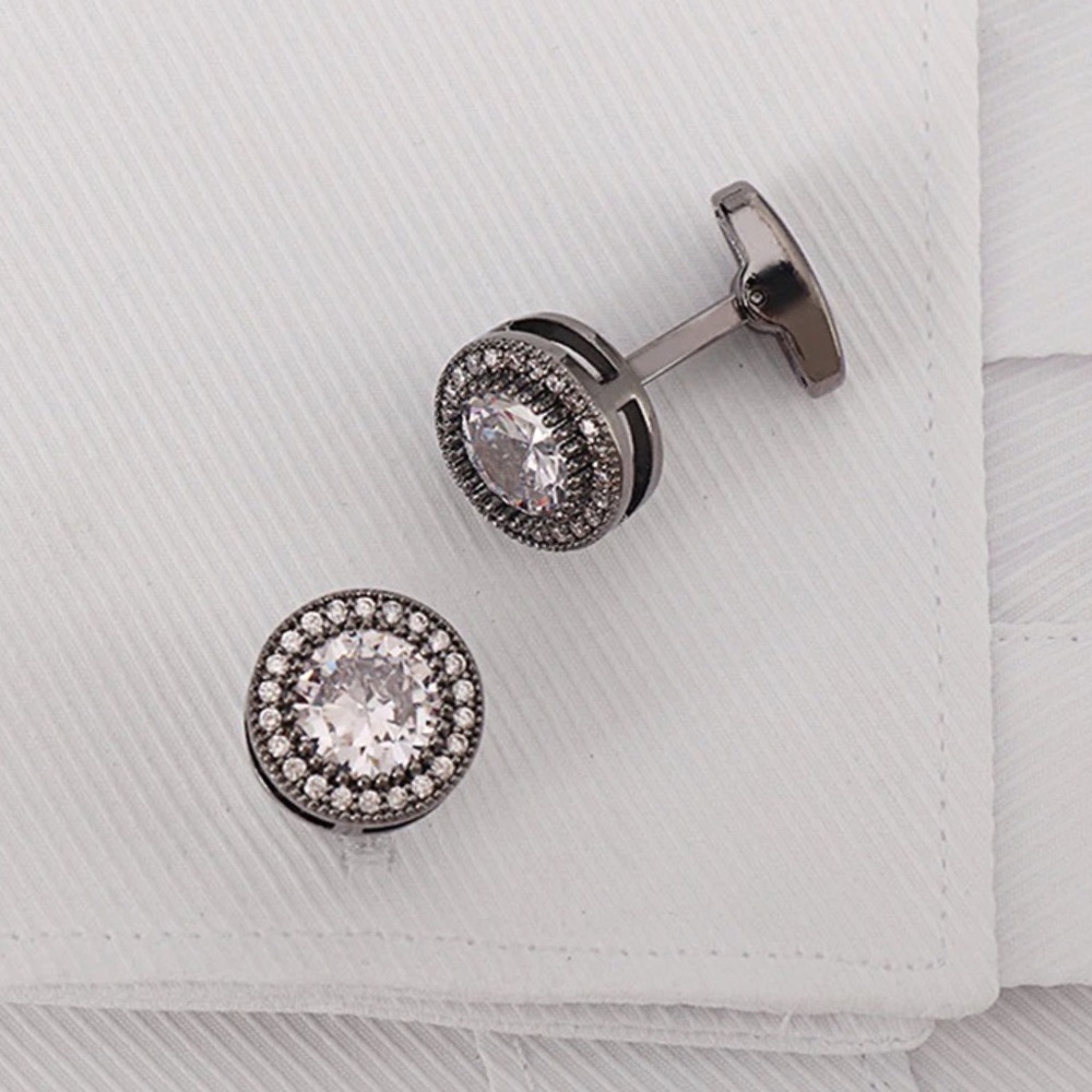 Elegant Round White Topaz Gunmetal Cufflinks